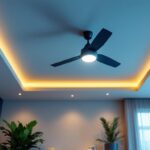 A photograph of a stylishly designed room featuring a ceiling fan integrated with modern lighting