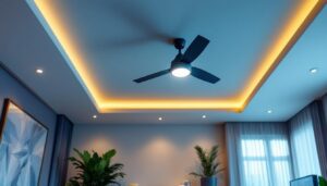 A photograph of a stylishly designed room featuring a ceiling fan integrated with modern lighting