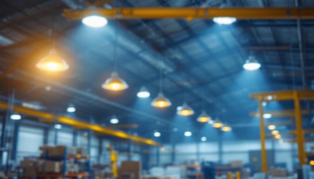 A photograph of a well-lit industrial space featuring home depot high bay lights in action