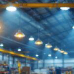 A photograph of a well-lit industrial space featuring home depot high bay lights in action