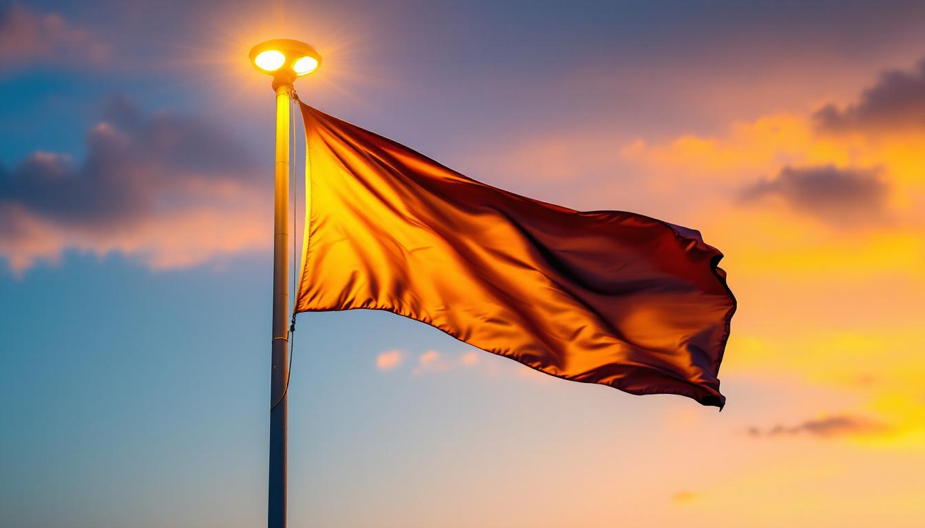 A photograph of a well-lit flagpole at dusk