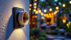 A photograph of a weatherproof romex connector installed in an outdoor lighting setup