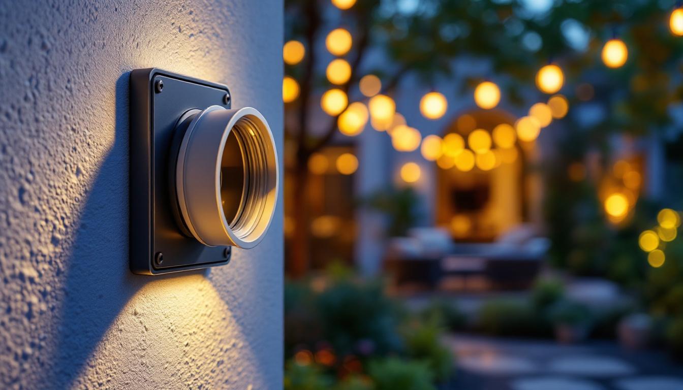 A photograph of a weatherproof romex connector installed in an outdoor lighting setup