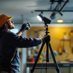 A photograph of a lighting contractor skillfully installing modern garage spotlights in a well-lit garage