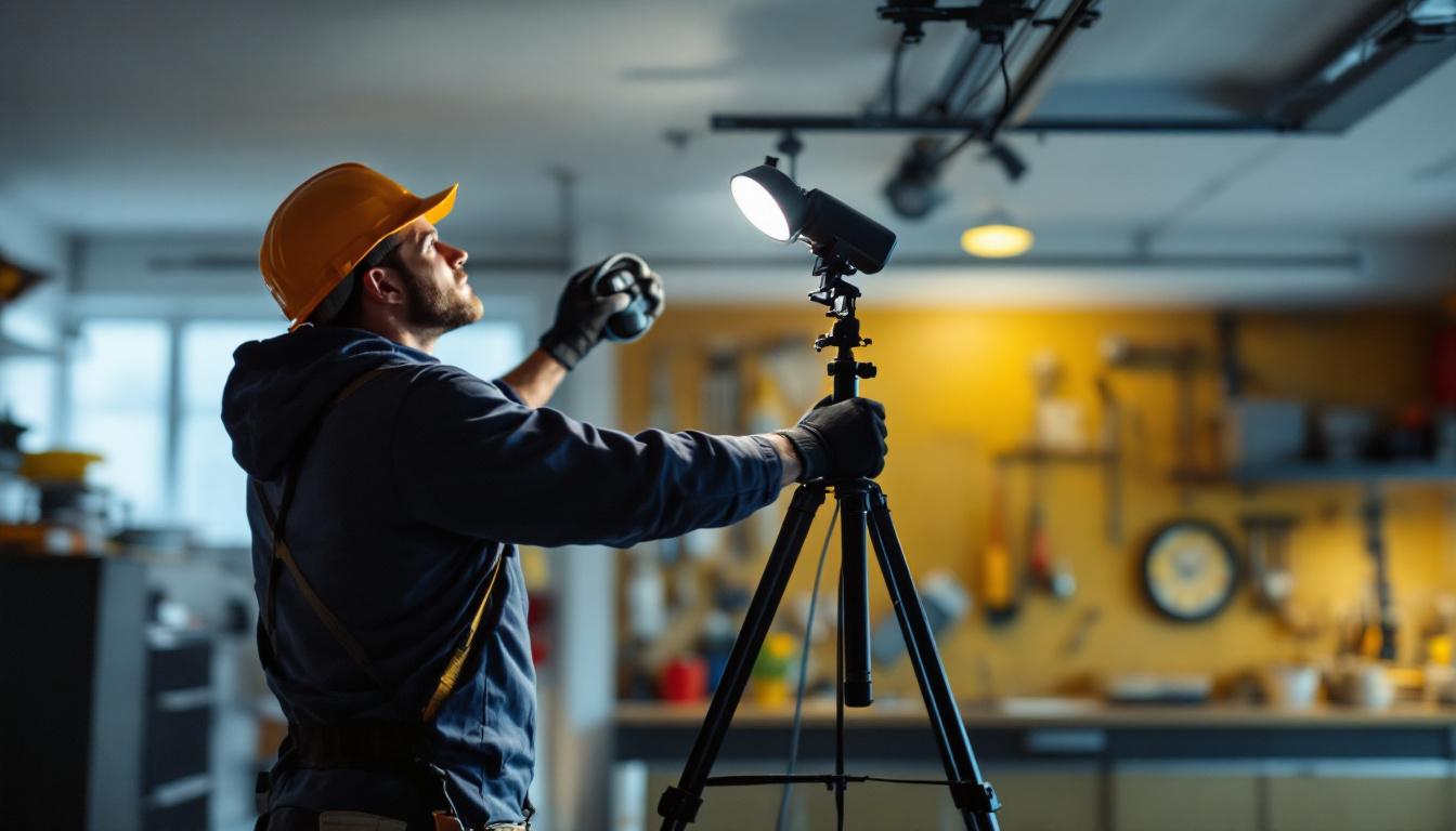 A photograph of a lighting contractor skillfully installing modern garage spotlights in a well-lit garage