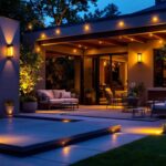 A photograph of a beautifully illuminated outdoor space featuring various styles of outdoor lighting fixtures