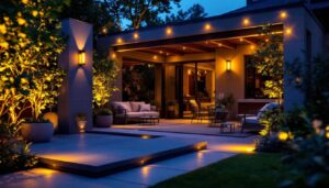 A photograph of a beautifully illuminated outdoor space featuring various styles of outdoor lighting fixtures