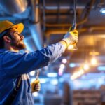 A photograph of a lighting contractor installing or inspecting emergency lighting systems in a commercial space