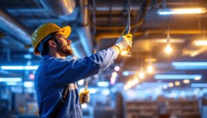 A photograph of a lighting contractor installing or inspecting emergency lighting systems in a commercial space