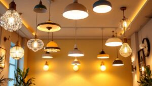 A photograph of a beautifully designed interior space featuring an array of stylish ceiling lights