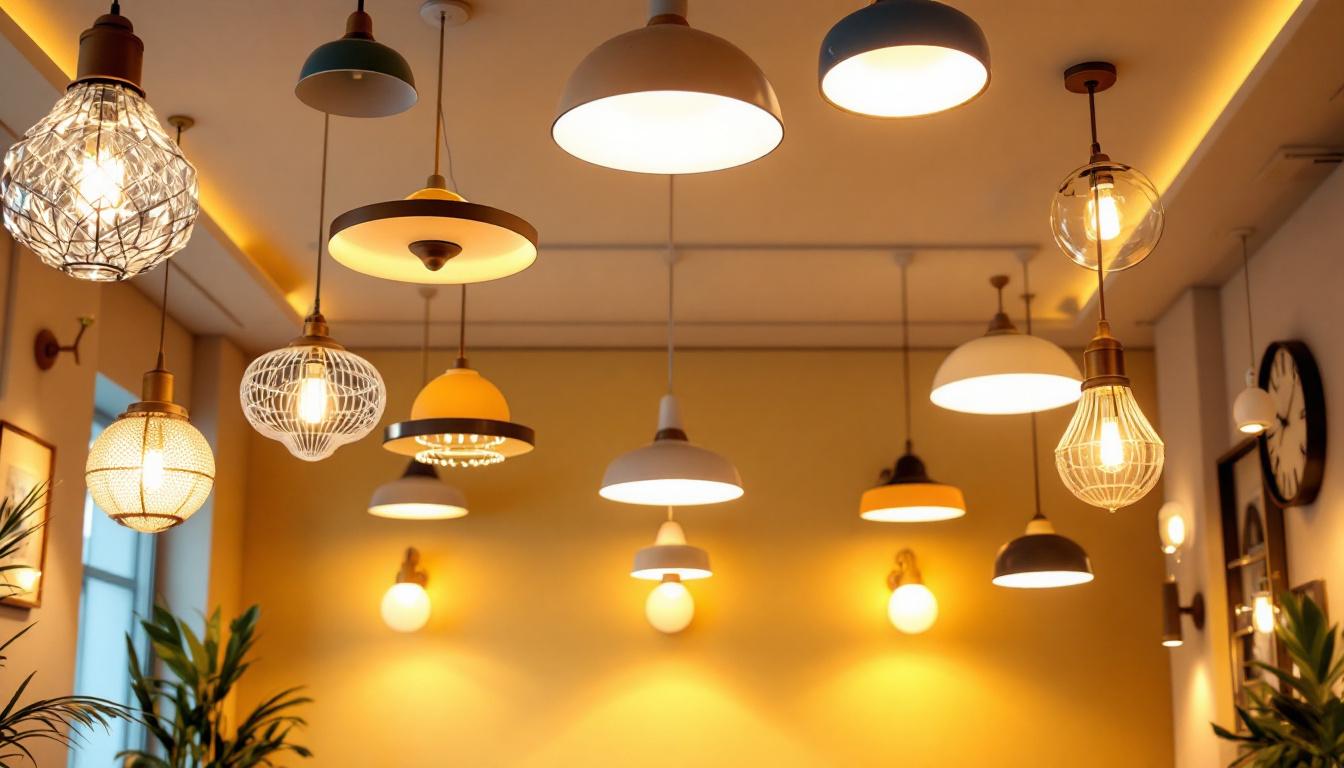 A photograph of a beautifully designed interior space featuring an array of stylish ceiling lights