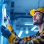 A photograph of a lighting contractor installing or inspecting led fluorescent lights in a commercial or residential setting