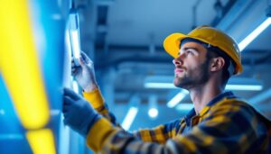 A photograph of a lighting contractor installing or inspecting led fluorescent lights in a commercial or residential setting