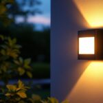 A photograph of a beautifully illuminated outdoor solar sconce mounted on a stylish exterior wall