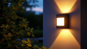 A photograph of a beautifully illuminated outdoor solar sconce mounted on a stylish exterior wall