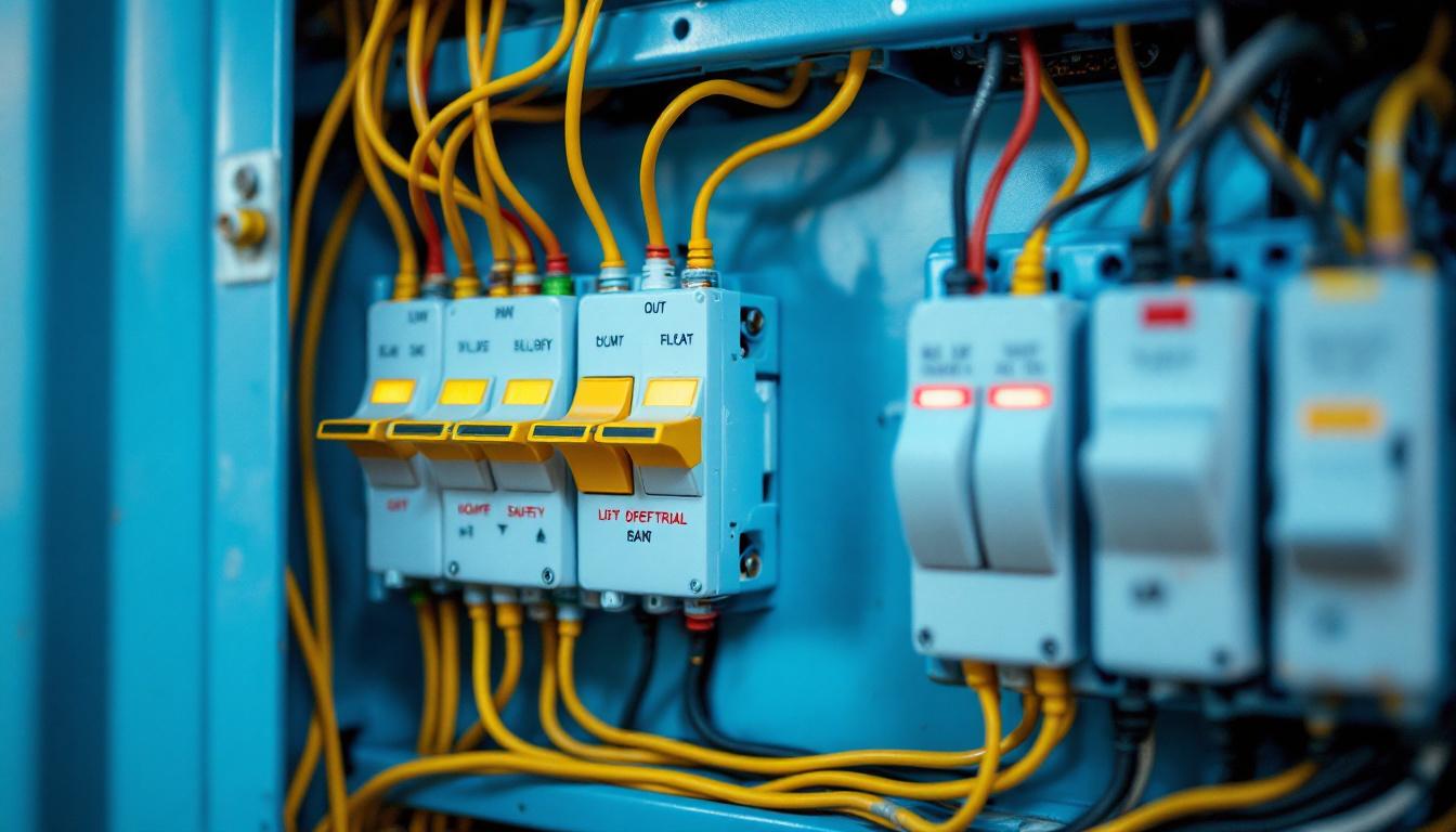 A photograph of a well-organized electrical box with clearly labeled switches and wires