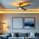 A photograph of a stylish living room featuring an elegant ceiling fan with integrated lights