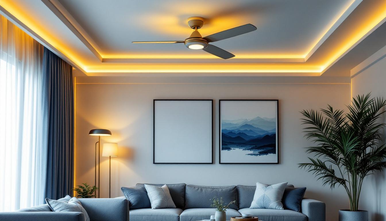 A photograph of a stylish living room featuring an elegant ceiling fan with integrated lights