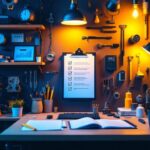 A photograph of a well-organized and visually appealing workspace featuring a variety of lighting fixtures