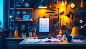 A photograph of a well-organized and visually appealing workspace featuring a variety of lighting fixtures