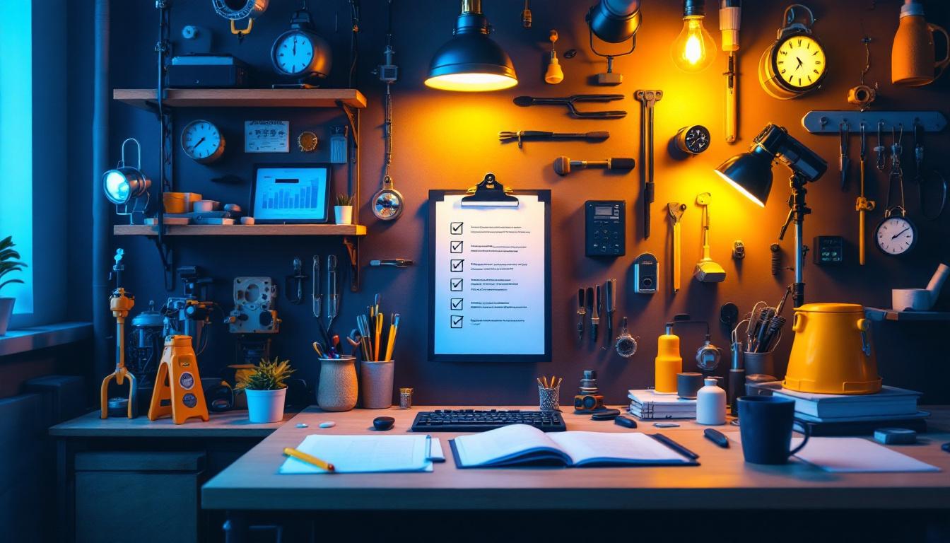 A photograph of a well-organized and visually appealing workspace featuring a variety of lighting fixtures