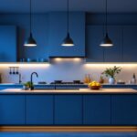 A photograph of a beautifully designed kitchen island illuminated by stylish pendant lights