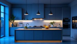 A photograph of a beautifully designed kitchen island illuminated by stylish pendant lights