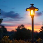 A photograph of a modern outdoor lamp post illuminated at dusk