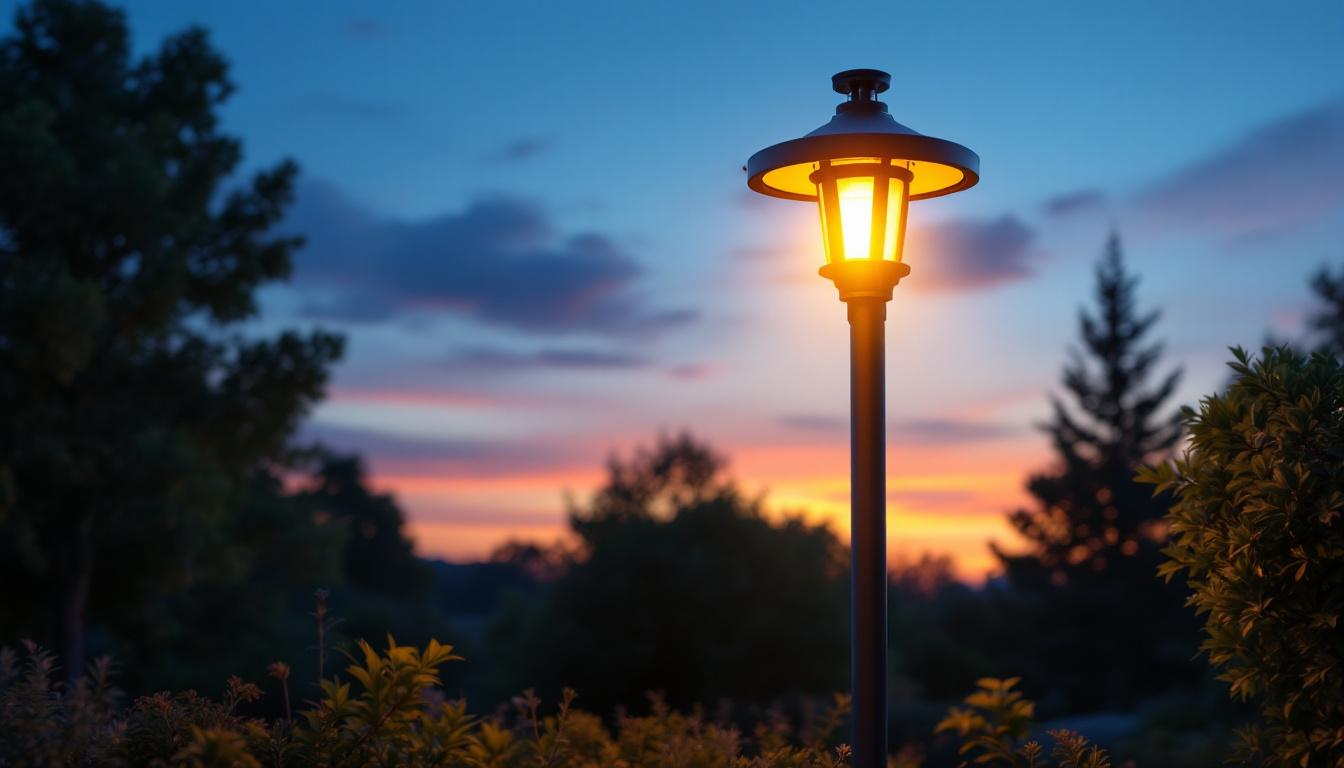 A photograph of a modern outdoor lamp post illuminated at dusk