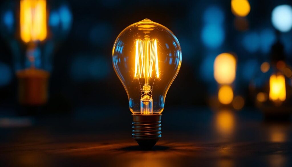 A photograph of a vintage light bulb glowing warmly in a dark setting