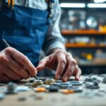 A photograph of a skilled lighting contractor examining various electrical washers and components on a workbench
