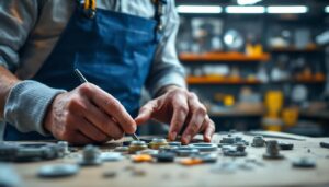 A photograph of a skilled lighting contractor examining various electrical washers and components on a workbench