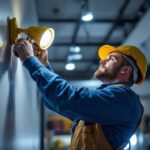 A photograph of a lighting contractor installing motion-detected lights in a modern commercial space