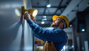 A photograph of a lighting contractor installing motion-detected lights in a modern commercial space