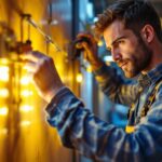 A photograph of a lighting contractor expertly installing a high-quality led driver in a modern commercial space