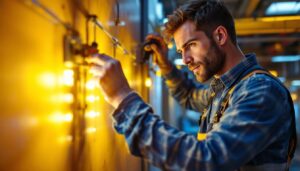 A photograph of a lighting contractor expertly installing a high-quality led driver in a modern commercial space