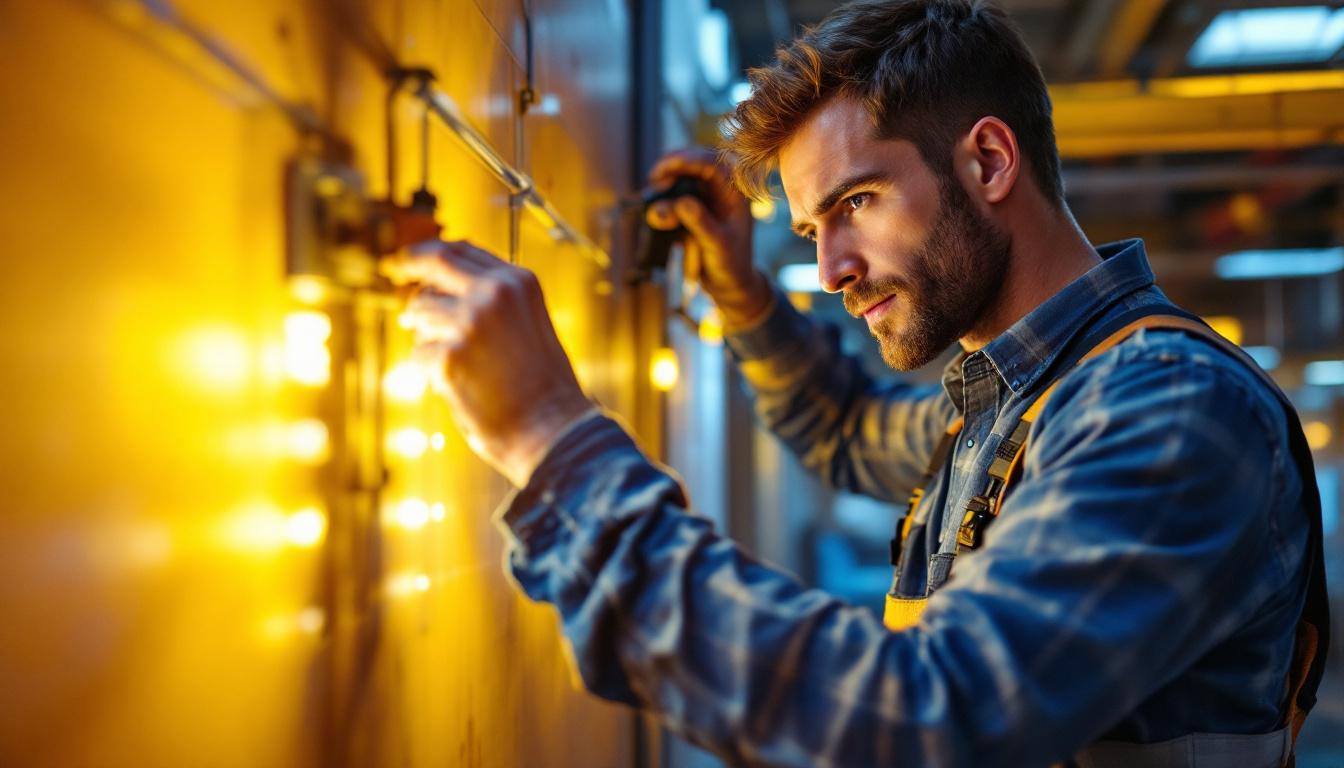 A photograph of a lighting contractor expertly installing a high-quality led driver in a modern commercial space