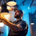 A photograph of a skilled lighting contractor expertly installing or adjusting various lighting fixtures in a beautifully illuminated space