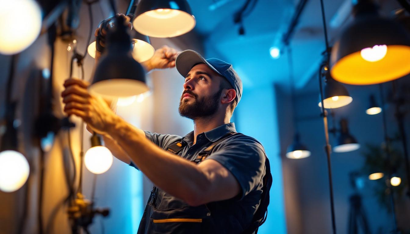A photograph of a skilled lighting contractor expertly installing or adjusting various lighting fixtures in a beautifully illuminated space