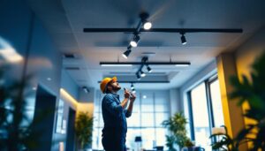 A photograph of capture a photograph of a well-lit interior space showcasing sleek led track lighting fixtures installed on the ceiling