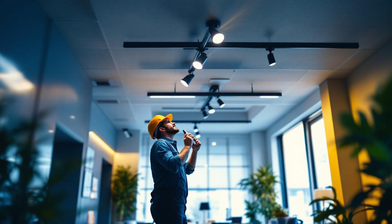 A photograph of capture a photograph of a well-lit interior space showcasing sleek led track lighting fixtures installed on the ceiling