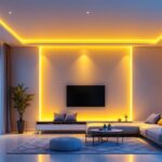 A photograph of a modern living space featuring sleek contemporary recessed lighting installations