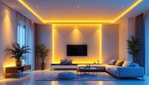 A photograph of a modern living space featuring sleek contemporary recessed lighting installations