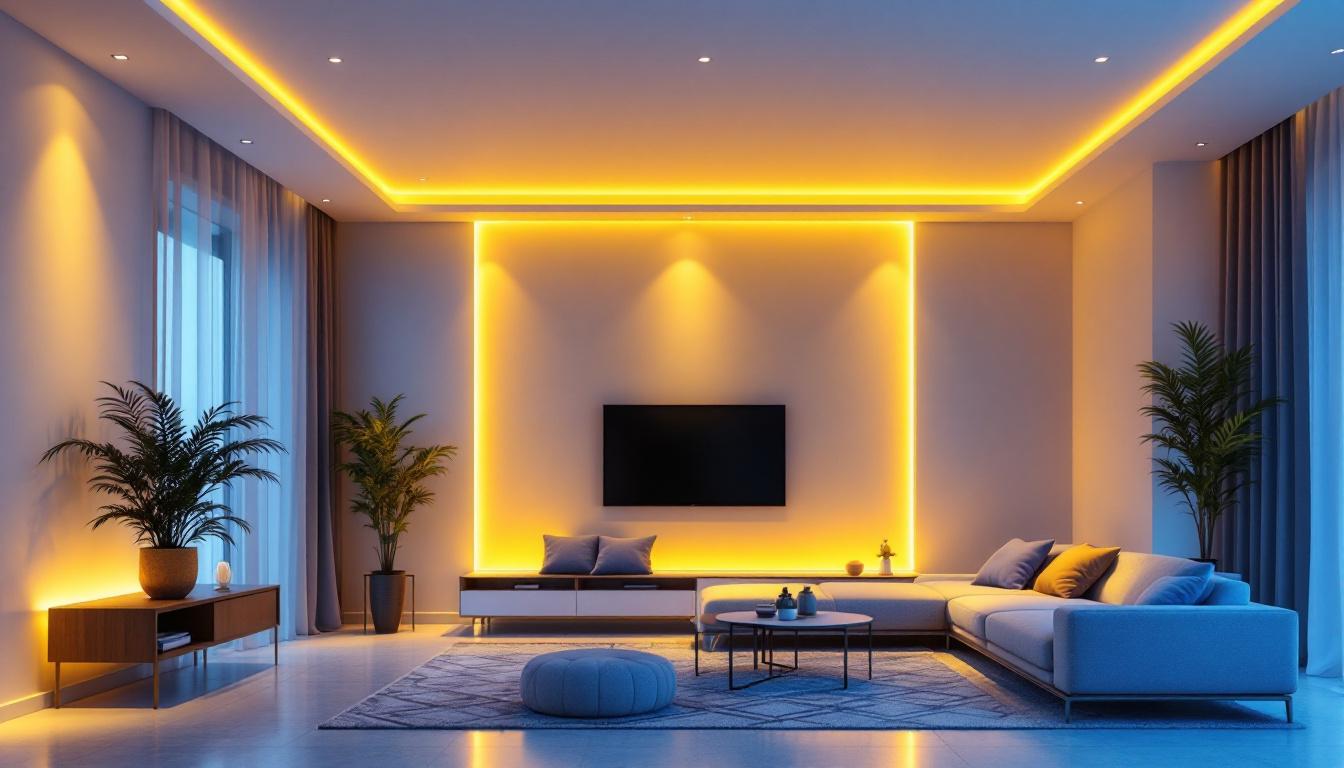 A photograph of a modern living space featuring sleek contemporary recessed lighting installations