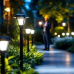 A photograph of a well-lit outdoor scene featuring a variety of post solar led lights illuminating a pathway or garden