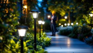 A photograph of a well-lit outdoor scene featuring a variety of post solar led lights illuminating a pathway or garden