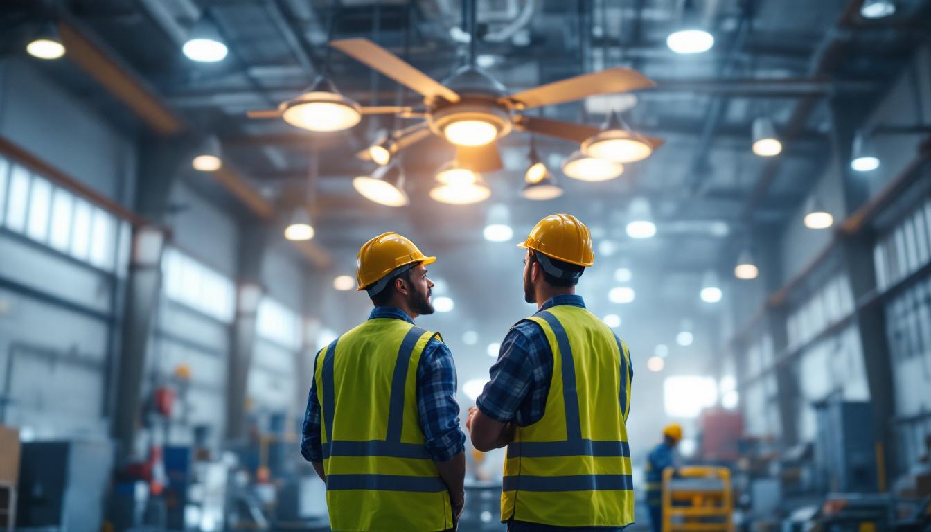 A photograph of a spacious industrial setting showcasing a large ceiling fan in action