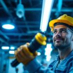 A photograph of a lighting contractor installing a modern fluorescent tube socket in a commercial setting