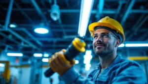 A photograph of a lighting contractor installing a modern fluorescent tube socket in a commercial setting