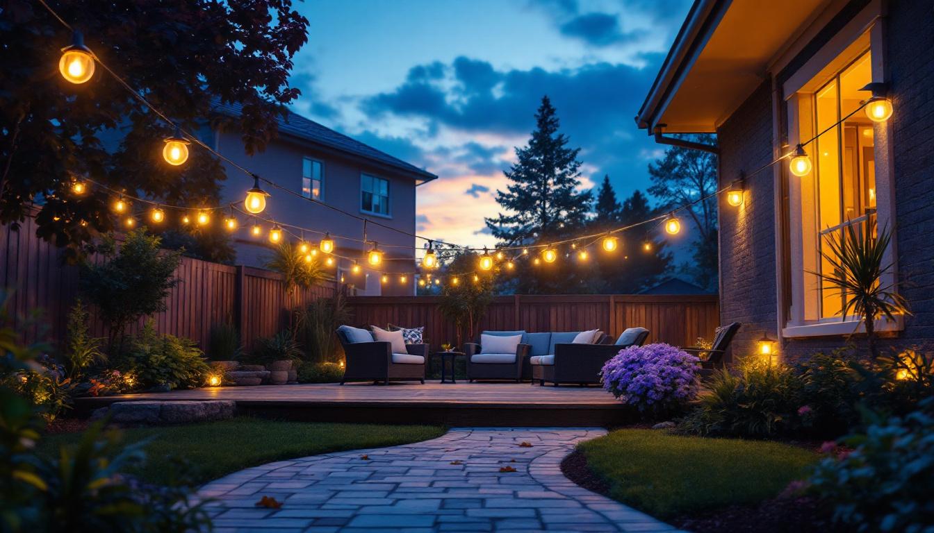 A photograph of a beautifully illuminated backyard at dusk